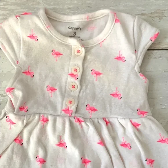 Carters 3m Baby Girl White Pink Flamingo Print Dress One Piece 100% Cotton - Picture 3 of 4